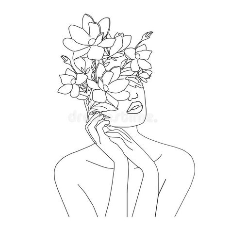 Flower Head Drawing, Hands With Flowers, Flower On Head, Hands Holding Flowers, Line Art Flowers, Flower Art Drawing, Line Flower, Line Art Design, Art Painting Gallery