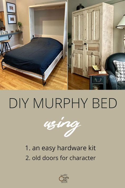 DIY Murphy Bed Using Old Doors - Rustic Crafts & Chic Decor Rustic Murphy Beds, Murphy Bed Plan, Diy Murphy Bed, Murphy Bed Hardware, Build A Murphy Bed, Bed Hardware, Rustic Decorating, Murphy Bed Diy, Murphy Bed Plans