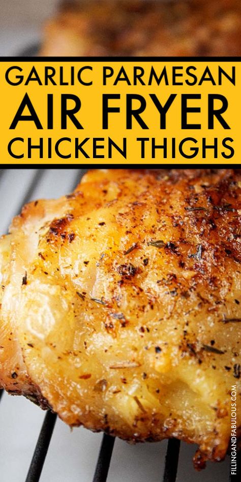 If you're looking for air fryer chicken recipes, you NEED to try these Garlic Parmesan Air Fryer Chicken Thighs! They use bone-in, skin-on chicken thighs and produce the most deliciously crispy thighs with perfectly juicy meat. Give them a try! Air Fryer Boneless Skinless Fried Chicken Thighs, Chicken Thigh Recipe Ideas, Baked Chicken Recipes Air Fryer, Best Chicken Thigh Recipe Air Fryer, How To Make Chicken Legs In Air Fryer, Chicken In Air Fryer Time, Best Chicken Marinade For Air Fryer, Good Chicken Thigh Recipes, Air Fryer Chicken Pieces Recipes