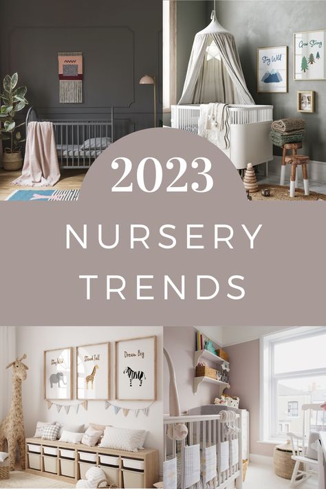 2023 nursery trends text with 4 pictures of cute nurseries Best Nursery Themes, 2023 Nursery Themes, 2024 Nursery Themes, Trending Nursery Themes 2023, Popular Nursery Themes 2023, Nursery Decor Trends 2023, Trending Nursery Themes, Baby Nursery Trends 2024, Best Nursery Colors