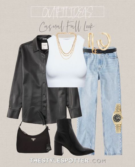 Black Leather Shirt Outfit, Leather Shacket Outfit, Fall Outfits Date Night, Leather Shirt Outfit, Black Booties Outfit, Black Shacket, Aritzia Outfit, Shacket Outfit, Patch Outfit