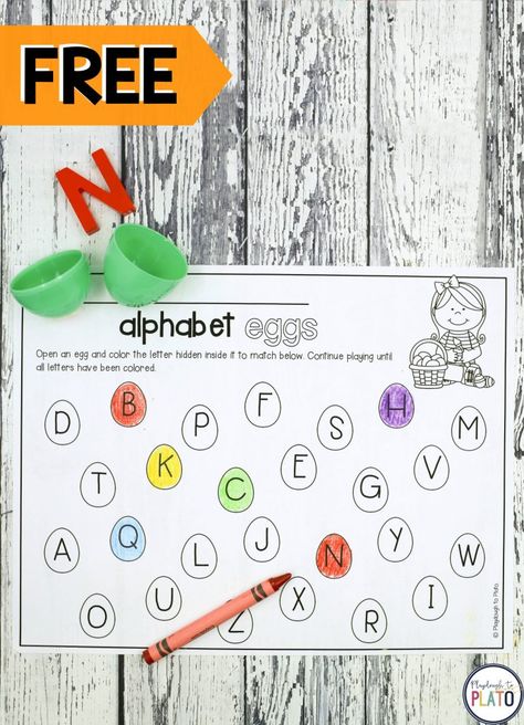 Free Alphabet Easter Eggs Printable! A fun Easter egg themed activity that is perfect for preschool and kindergarten kids to work on ABC letter recognition!  #FreeSpringPrintables #FreeABCprintables #FreeEasterPrintables #PlaydoughtoPlato Easter Eggs Printable, Easter Literacy, Easter Stem, Easter Egg Activities, Easter Activities For Preschool, Easter Kindergarten, Playdough To Plato, April Activities, Easter School