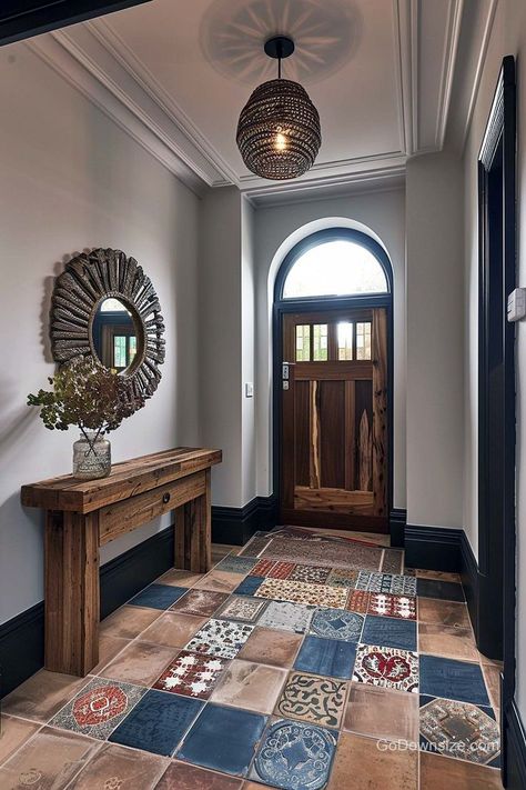 Here’s a creative way to accentuate your entryway: by using eccentric Moroccan tiles in a dispersed and free pattern! Entryway Tile Floor, Moroccan Tile Floor, Floor Tile Ideas, Entryway Floor, Entryway Tile, Moroccan Tiles Pattern, Entryway Flooring, Tiles Pattern, Ideas For Small Spaces