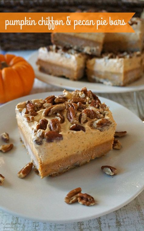 Pumpkin Pecan Pie Bars - We love these pumpkin dessert squares! Pumpkin Dessert Bars, Pumpkin Chiffon, Pumpkin Chiffon Pie, Chiffon Pie, Baked Goat Cheese, Pie Bar Recipes, Pumpkin Pecan Pie, Pumpkin Pie Bars, Pecan Pie Bars