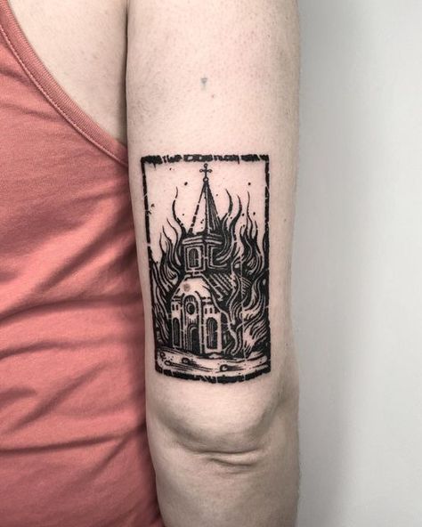 Burning Book Tattoo, House On Fire Tattoo, Woodcut Tattoo Flash, Medieval Style Tattoo, Woodwork Tattoo, Aelin Tattoo, Engraving Style Tattoo, Medieval Woodcut Tattoo, Black Metal Tattoo