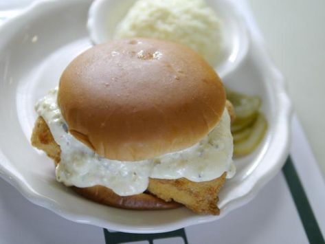 Get Haddock Fish Sandwich Recipe from Food Network Haddock Sandwich, Bluegill Fish, Fish Sandwich Recipes, Southern Foods, Haddock Recipes, Fra Diavolo, Road Trip Food, Mayonnaise Recipe, Butter Tarts