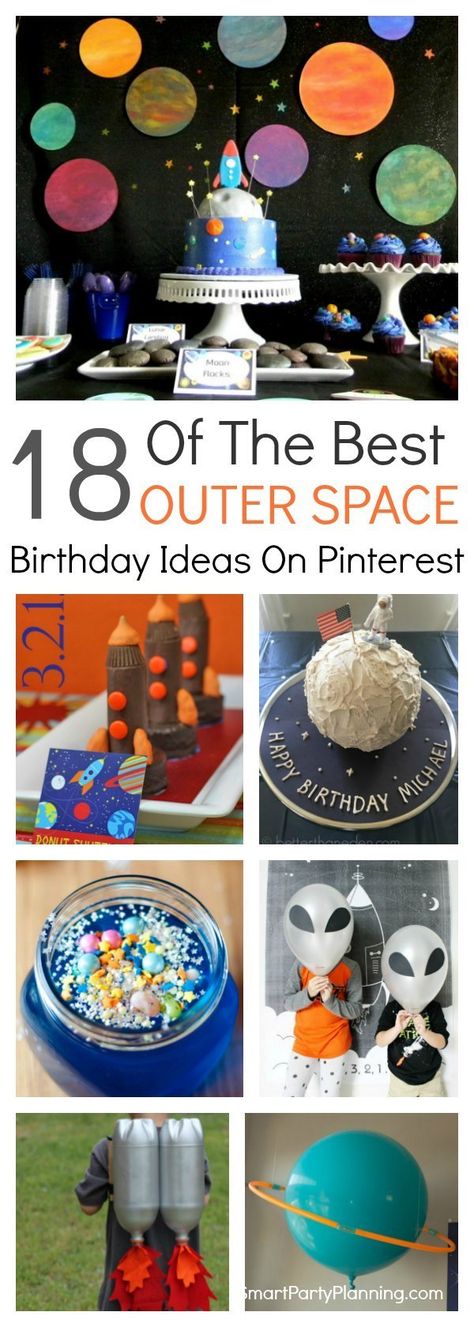 18 awesome ideas for a fun filled outer space birthday party. Easy ideas for space themed decorations, food, games and favors. This theme will be just as much fun to plan as it will be to hold. So start organizing those planets and rocket ships and plan a party for the boys that they will never forget. Space Birthday Ideas, 4de Verjaardag, Planet Party, Space Party Decorations, Galaxy Party, Astronaut Party, Food Games, Sistem Solar, Astronaut Birthday