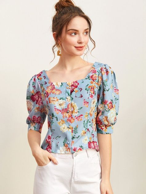 Áo Blu, Cotton Tops Designs, Ladies Blouses, Cotton Short Dresses, Printed Blouses, Floral Shirt Women, Cotton Shirts Women, Ladies Blouse Designs, Fashion Tops Blouse