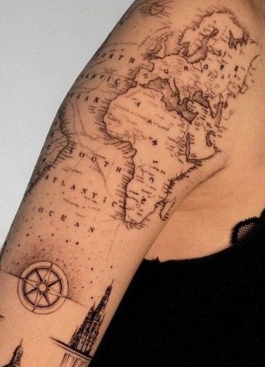 Calf Tattoo Ideas, Detailed Tattoos, Belly Button Tattoo, Band Tattoos For Men, World Map Tattoos, Ace Tattoo, Globe Tattoos, Pocket Watch Tattoos, Map Tattoo