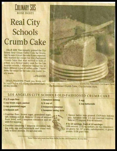 LAUSD Coffee Cake recipe discovered!!! School Cafeteria Food, Crumb Cake Recipe, School Lunch Recipes, Cafeteria Food, Pastry Cook, Cake Mug, Sour Cream Coffee Cake, Cake Printing, School Cafeteria