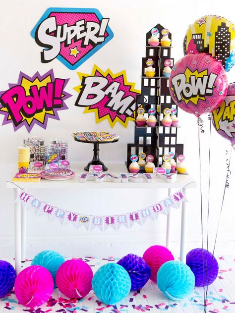 Dc Superhero Girls Party, Superhero Girls Birthday, Festa Power Rangers, Girl Superhero Party, Girls Party Decorations, Superhero Birthday Party, Birthday Crafts, Super Girl, Girl Superhero