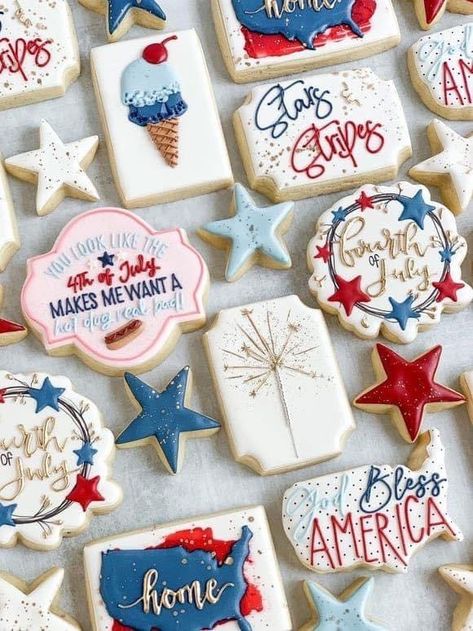 Patriotic Sugar Cookies, 4th Of July Cookies, Patriotic Cookies, No Bake Sugar Cookies, Royal Iced Cookies, Cookies Theme, 4th Of July Cake, Sugar Cookie Royal Icing, 4th Of July Desserts