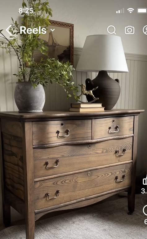 Chest Styling, Antique Chest Of Drawers In Living Room, Anyique Dresser, Natural Wood Antique Dresser, Vintage Chest Of Drawers Dresser, Farmhouse Idea, Antique Styling, Antique Wooden Dresser With Mirror, Cottage Interior Design