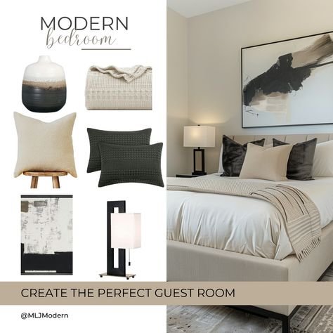 Transform your space with modern bedroom essentials! Achieve a cozy and stylish guest room with these chic decor pieces in black and beige tones. Follow for more ideas! #ModernBedroom #HomeDecor #GuestRoomEssentials #InteriorDesign #moderndesign #interiordesign #interiordesignideas #interiordesigninspo #interiordesigninspiration #neutraldecor #neutralstyle #neutralstyledhome #home #homedecor #modernhome #contemporaryhome #homedesign #homedesigninspo #luxurydesign Bedroom Decor Black And Beige, Black White And Cream Bedroom, Black And Beige Bedroom Ideas, Beige And Black Bedroom Ideas, Black And Beige Bedroom, Beige And Black Bedroom, Black And Cream Bedroom, Guest Room Essentials, Cream Bedrooms