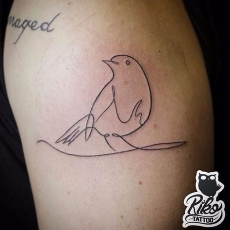 Single line bird tattoo by Riko #singleline #Riko #linework #minimalistic #abstract #bird Bird Outline Tattoo, Robin Bird Tattoos, Simple Bird Tattoo, Robin Tattoo, Little Bird Tattoos, Line Drawing Tattoos, Tiny Bird Tattoos, Bird Tattoos For Women, Vogel Tattoo