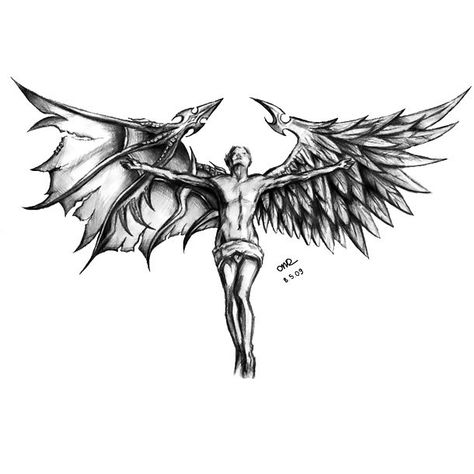 A great meaningful tattoo sketch of a half devil half angel. Good or evil? You decide. Style: Black and Gray. Color: Gray. Tags: Meaningful, Great Demon Face Tattoo, Good And Evil Tattoos, Half Angel Half Demon, Angel Devil Tattoo, Demon Face, Kartu Remi, Evil Tattoos, Half Demon, Devil Tattoo