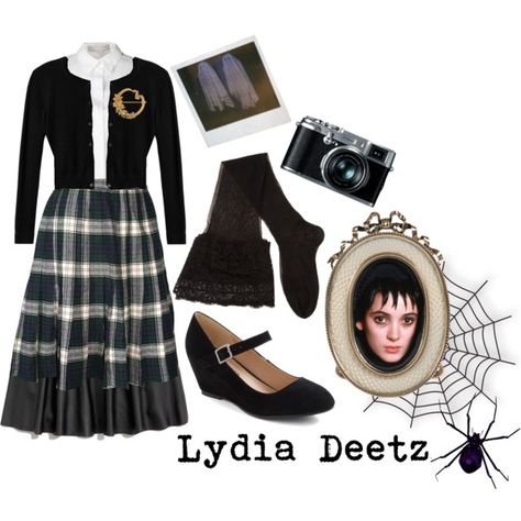 "Lydia Deetz" by dandelionapril on Polyvore Lydia Deetz School Uniform, Spooky Cosplay, Cute All Black Outfits, Beetlejuice Outfits, Elaborate Costumes, Gothic Things, Book Outfits, Couple Cosplay, Beetlejuice Movie