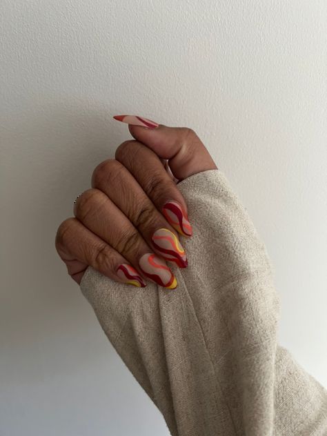 Orange, yellow and red Long almond shaped false nails on a black woman’s hand Orange Red Yellow Nails, Yellow And Red Nails, Red And Yellow Nails, Colourful Summer Nails, Almond Shape, Yellow Nails, Red And Yellow, Nail Art Diy, False Nails