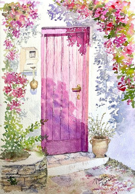 Open Door Watercolor Painting, Light Watercolor Painting, Watercolor Doorways, Watercolor Doors Paintings, Watercolour Door, Door Drawing Ideas, Greece Watercolor Painting, Doors Watercolor, Long Canvas Painting Ideas