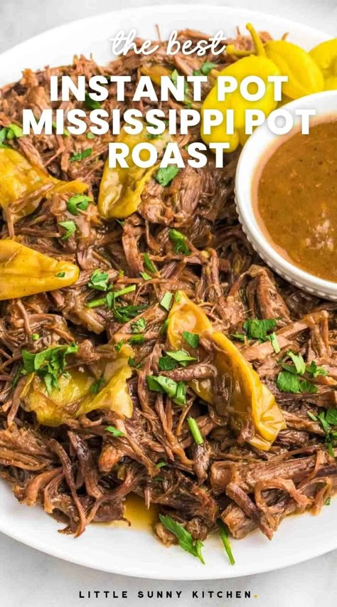 Instant Pot Mississippi Pot Roast is ready in an hour! This classic pot roast recipe is made with pepperoncinis and a beef broth and butter sauce. Peppercini Roast, Instant Pot Mississippi Pot Roast, Roast With Pepperoncini, Ineskohl Kitchen, Delicious Pot Roast, Perfect Pot Roast, Little Sunny Kitchen, Pot Roast Crock Pot Recipes, Classic Pot Roast