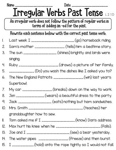 Irregular Verbs Past Tense Worksheet L.2.1.D Distance Learning | TPT Regular And Irregular Verbs Worksheets, Past Tense Verbs Worksheets, Tense Worksheet, English Language Learning Activities, Past Tense Worksheet, Irregular Verb, Irregular Past Tense Verbs, Irregular Past Tense, English Activities For Kids