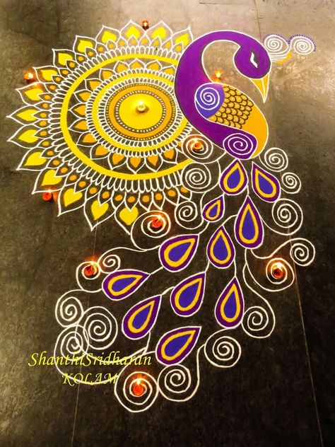 Only the mandala with paints Shubh Deepavali, Rangoli Designs For Competition, Indian Rangoli Designs, Peacock Tattoo, Peacock Rangoli, Colorful Peacock, Easy Rangoli Designs Diwali, Rangoli Designs Latest, Indian Rangoli