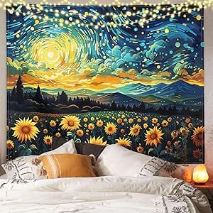 XIGUAGUO Sunflower Starry Tapestry for Bedroom Aesthetic Decor Wall Hanging Home Dorm Sunflower Living Room Decor, Sunflower Living Room, A Wonderful New World, Tapestry For Bedroom, Aesthetic Decor, Bedroom Aesthetic, Decor Wall, Sunflower, Wall Hanging