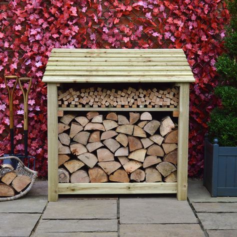 Garden Wood Storage, Log Store Made From Pallets, Diy Log Storage Outdoor, Wood Holder Diy Firewood Storage Outdoor, Garden Log Store, Wooden Sheds Ideas Backyards, Outdoor Log Storage, Wood Store Ideas, Pallet Log Store