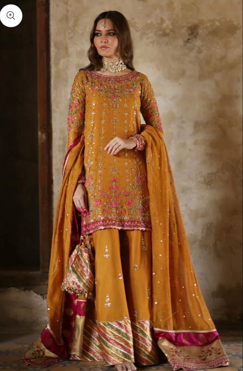 Pakistani Summer Dresses, Mehendi Dresses, Orange Dupatta, Gharara Designs, Haldi Dress, Nikah Outfit, Pink Look, Pink Dupatta, Cute Outfits With Jeans