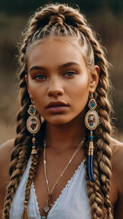 Tribe Braided Hairstyles, Boho Braids Medium Length Hair, Aztec Hairstyles, Celtic Hairstyles, Colorful Dreads, Wedding Hairstyles With Braids, Trendy Summer Hairstyles, Cowgirls Hairstyles, Jumbo Boho Braids