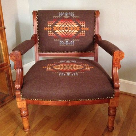 Finished my chair. Pendleton fabric on eastlake chair. Pendleton Dining Room Chairs, Pendleton Chair, Pendleton Chair Upholstery, Pendleton Fabric By The Yard, Vintage Pendleton Blanket, Pendleton Fabric, Pendleton Blanket, East Lake, Furniture Update