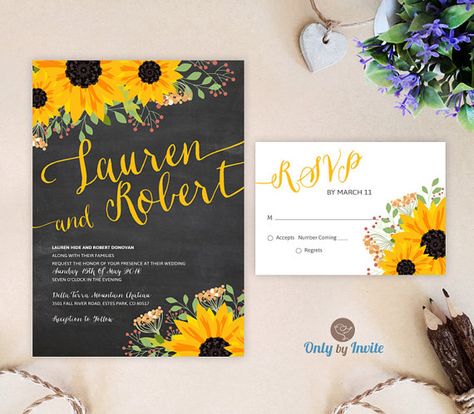 Printable. Invite & rsvp card $30. Can change colors. Wedding invitation printable Sunflower wedding by OnlybyInvite Origami Wedding Invitations, Sunflower Wedding Invitation Template, Sunflower Invitations, Mason Jar Wedding Invitations, Rustic Sunflower Wedding, Sunflower Themed Wedding, Sunflower Wedding Invitations, Wedding Invitation Kits, Themed Wedding Invitations