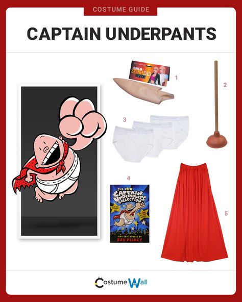 An easy outfit for any occasion needing a costume, Captain Underpants, is the superhero created by two 4th graders. Captain Under Pants Costume, Captain Barnacles Costume, Captain America Diy Costume, Captain America Dress Up, Men’s Captain Hook Costume, Costume Wall, Diy Superhero Costume, Halloween Literacy, Polar Plunge