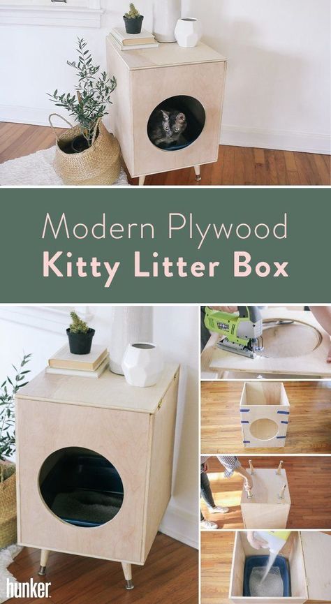 Scandinavian style litter box! Don't just try hiding your cat's litter box, make it part of your decor with this easy DIY. Wood Litter Box Diy, Creative Ways To Hide Litter Boxes, How To Build A Cat Litter Box Enclosure, Cat Litter Box Diy, Hiding Cat Litter Box, Diy Litter Box, Katt Grejer, Kat Diy, Chat Diy