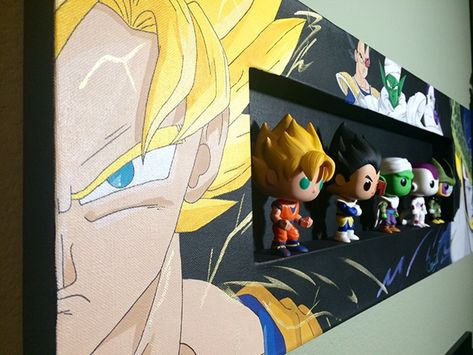 *** CANVAS SIZE ***36" x 12"*** CANVAS TYPE ***Traditional Back Stapled*** PROFILE THICKNESS ***1.5"*** ABOUT THIS PIECE ***This is a one of a kind shadow display canvas box painted with each of the Dragon Ball Z characters from the first set of… Dragon Ball Bedroom, Dragon Ball Z Bedroom Ideas, Dragon Ball Z Bedroom, Basement Hockey, Dragon Ball Decor, Funko Display Ideas, Funko Pop Display Ideas, Funko Pop Shelves, Painting Dragon