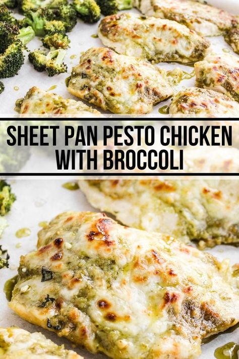 This easy sheet pan pesto chicken meal comes together quickly with chicken breasts, broccoli, pesto, and melty mozzarella. This is a family favorite dinner even the kids will love! Sheet Pan High Protein Meals, Chicken Breast Pesto Recipes, Sheet Pan Pesto Chicken, Sheet Pan Chicken Recipe, Pesto And Mozzarella, Easy Sheet Pan Chicken, Chicken With Broccoli, 1 Pan Meals, Sheet Pan Meals Chicken