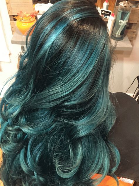 Teal Blue Hair Highlights, Long Teal Hair, Aqua Marine Hair, Turquoise Hair Highlights, Teal Hair Ombre, Las Finest, Aqua Hair Color, Teal Hair Highlights, Dark Teal Hair