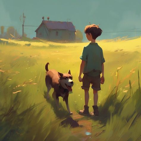 there is a painting of a boy and a dog in a field, concept art of single boy, sergey kolesov, animated film, concept art for movie, in style of atey ghailan, pixar concept art, by Goro Fujita, atey ghailan 8 k, animated film still, animated movie still, inspired by Atey Ghailan Field Concept Art, Sergey Kolesov, Atey Ghailan, Goro Fujita, Pixar Concept Art, Single Boy, Boy Painting, Illustration Art Kids, Film Stills