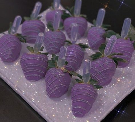 Purple Glitter Birthday Party Ideas, Purple Themed Sleepover, Purple Candy Aesthetic, Purple Sleepover Party, Purple Aesthetic Birthday, Purple Party Foods, Purple Strawberries, Purple Treats, Y2k Birthday Party