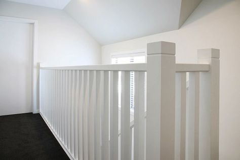 Classic timber balustrade in painted white pine White Timber Balustrade, Timber Balustrade, Timber Handrail, Interior Railings, Indoor Balcony, Flooring For Stairs, White Pine, Carpet Stairs, Big Girl Rooms