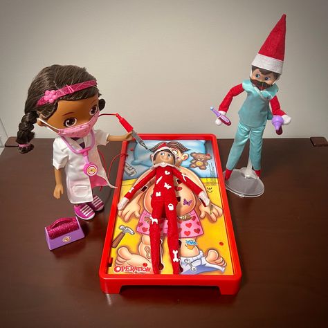 2022 Day 10: Cocoa the Scout Elf underwent a major operation at the hands of Doc McStuffins with assistance from Nurse Sprinkles Nursing Elf On The Shelf, Elf Shelf, Cocoa Puffs, Elf Activities, The Scout, Doc Mcstuffins, The Elf, On The Shelf, Christmas Elf