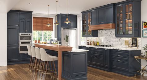 L-Shaped Kitchen with Island, Navy Blue Kitchen Cabinet - oppeinhome.com Kitchen Cabinet With Island, Blue Kitchen Cabinet, Navy Kitchen Cabinets, Framed Kitchen Cabinets, Kitchen Cabinet Sizes, Frameless Kitchen Cabinets, Navy Blue Kitchen Cabinets, Kitchen Set Cabinet, Navy Blue Kitchen