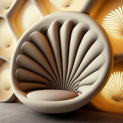 A designer chair part of a biophilic collection inspired by seashells. Collection is designed by Daleva Decor using AI Midjourney Seashell Chair, Hotel Lobby Chairs, Unique Chairs Design, Fancy Chair, Designer Chair, Unusual Furniture, Classical House, Fantasy Furniture, Deco Chairs