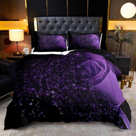 PRICES MAY VARY. 【3PCS INCLUDED】This queen comforter set includes 1 PC Comforter (90" x 90") & 2 PCS Pillowcases (20" x 30"). Please note that BED SHEETS AND PILLOW INSERTS ARE NOT INCLUDED. 【WONDERFUL GIFTS】LUVIVIHOME comforter set is a beautiful gift for family, friends, and coworkers. It can be an amazing birthday gift, Floral gift, Valentine's Day gift, housewarming gift, graduation gift, anniversary gift, wedding gift, etc. 【SOFT MATERIALS】The fabric is made of 100% polyester and comforter Black And Purple Bedroom Ideas, Romantic Purple Bedroom, Black And Purple Bedroom, Flower Bedroom Decor, Bling Bedroom, Purple Comforter Set, Rose Comforter, Bedroom Decor For Women, Purple Bedrooms