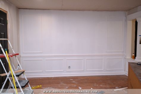 How To Install Picture Frame Moulding (The Easiest Wainscoting Style Ever!) Would like to have this in our bedroom Trim Molding Ideas, Wall Trim Molding, Dining Chair Makeover, Wainscoting Stairs, Faux Wainscoting, Wainscoting Wall, Picture Frame Moulding, Wainscoting Bathroom, Wainscoting Styles