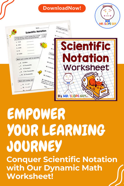 Are you introducing your students to the exciting world of scientific notation? Look no further than this worksheet! This worksheet focuses on converting numbers into scientific notation and from scientific notation to standard form. With a range of problems that include changing numbers into numbers greater than one and smaller than 10, counting the number of decimal places, real-life word problems using scientific notation, this activity is the perfect way to help your Pre-Algebra students. Scientific Notation Activities, Scientific Notation Worksheet, Worksheet Math, Decimal Places, Scientific Notation, Pre Algebra, Grade 8, Standard Form, Middle School Student