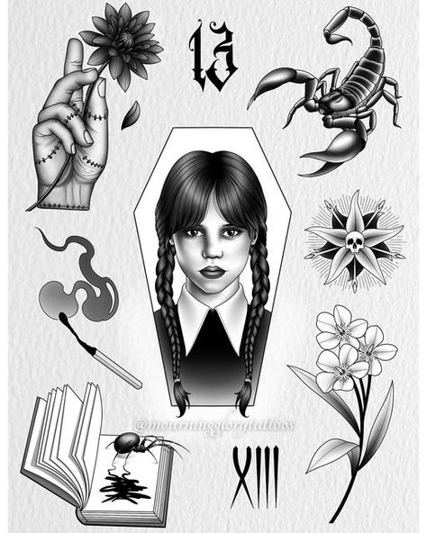 Wednesday Addams Inspired Tattoo, Wednesday Addams Flash Tattoo, Wednesday Tattoo Addams, Wednesday Addams Tattoo Small, Wednesday Tattoo Design, Wednesday Addams Tattoo Ideas, Adams Family Tattoo, Black Dahlia Tattoo, Addams Family Hand