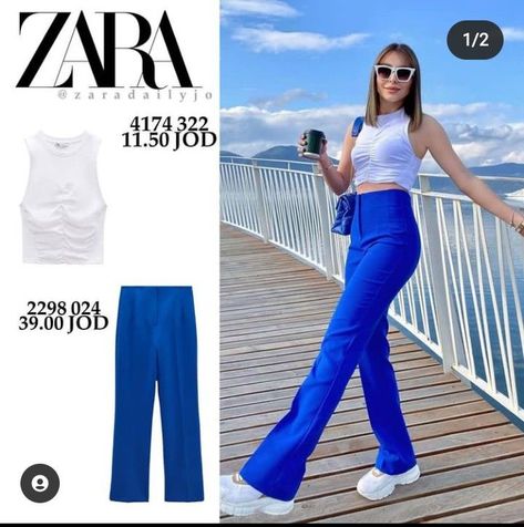 Zara blue and white outfitZara trendy outfit Zara Blue Pants Outfit, Zara Outfits 2023 Spring, Bright Blue Pants Outfit, Zara Outfits 2023, Zara Women Outfits, Blue Trousers Outfit, Bright Blue Pants, Blue And White Outfit, Wide Pants Outfit