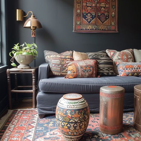 Boho_Dark_Gray_Sofas_With_Turkish_Textiles_small_boh 1 Dark Gray Couches, Gray Couch Ideas, Dark Gray Couch Living Room, Gray Couch Living Room Ideas, Gray Couch Living Room, Dark Gray Couch, Gray Couches, Hippie Living Room, Dark Grey Couch Living Room