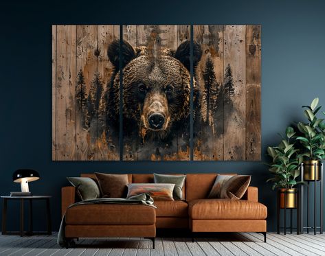 Rustic Brown Bear Canvas Wall Art Abstract Pine Trees Wooden Background Painting Print Grizzly Farmhouse Decor Animal Poster Ready to Hang Regarding Our Merchandise: * We handcraft our products using premium materials in our in-house production facility and deliver them directly to your doorstep. * Expertly crafted by skilled artisans. Custom-made to suit your preferences. * We imprint high-quality canvas with a weight of 340g/sqm using top-tier printing equipment and eco-friendly inks, ensuring Bear Pictures Art, Black Bear Art, Mens Home Decor Masculine Interior, Rustic Cabin Wall Decor, Cabin Wall Decor, Bear Wall Art, Wildlife Decor, Large Wall Space, Wildlife Prints